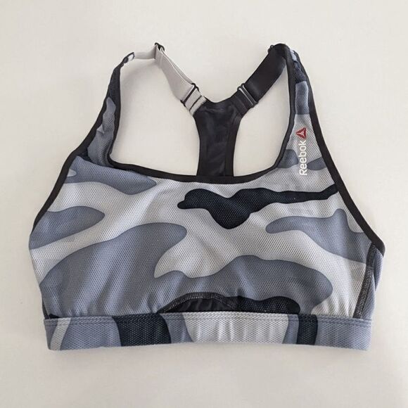 Women's Reebok Sports Bra Camo Print Black Gray Pullover Small Racerback Style - Picture 1 of 7